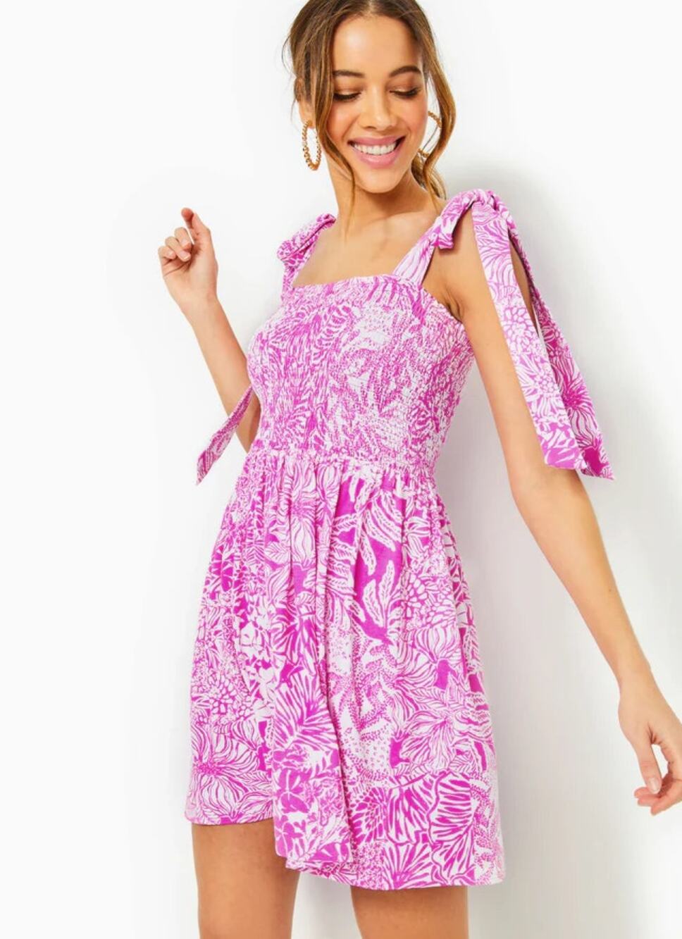 LILLY PULITZER Womens Rivera Smocked Romper Medium Purple White Swipe Right NWT